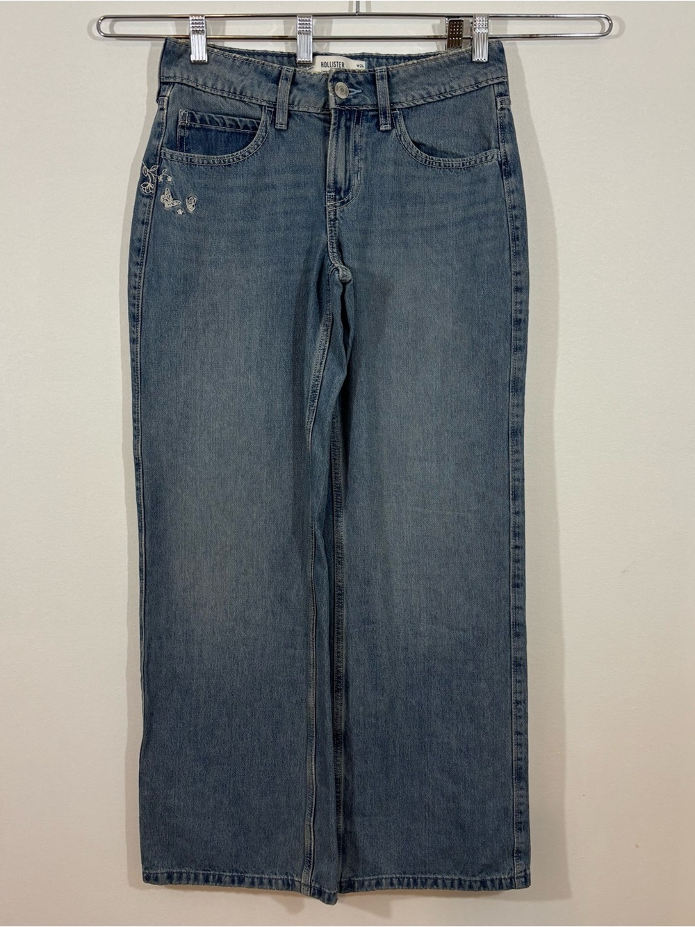 New Hollister Embroidered Floral Low Rise Baggy Sz 24 S Wide Leg Fade